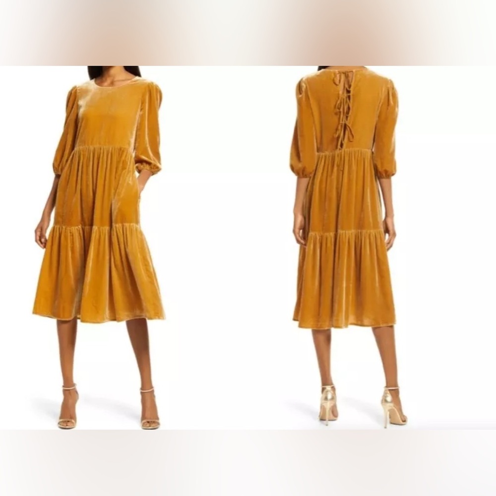 Charles Henry Midi Tiered Gold Dress with Pockets, Velvet, Tie Back